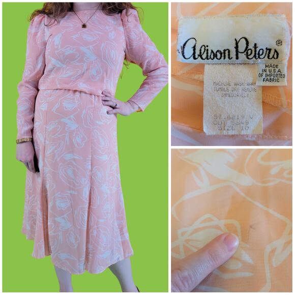 Vintage 80s Pastel Pink Alison Peters Abstract Floral Sheer Midi Dress, 10 - Picture 10 of 10